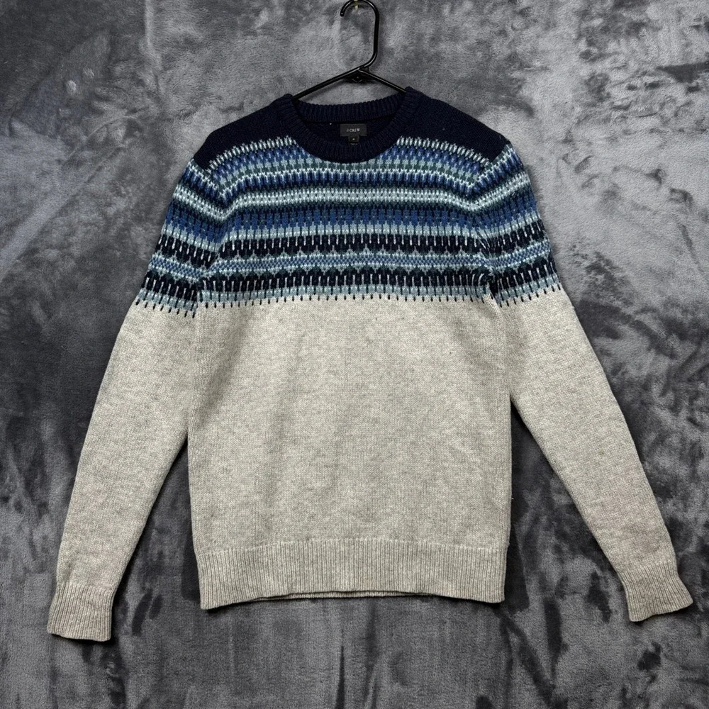 J.Crew Sweater Mens Small Gray Blue Fair Isle Lambswool Crewneck Pullover 10336